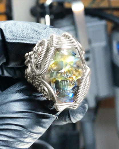 Labradorite Skull Sterling Silver Ring - Dragon Style - Premium