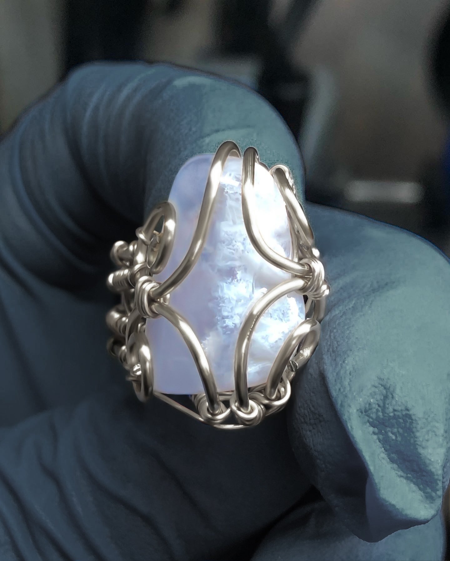 Blue Lace Agate Sterling Silver Ring - Bohemian Style -Premium