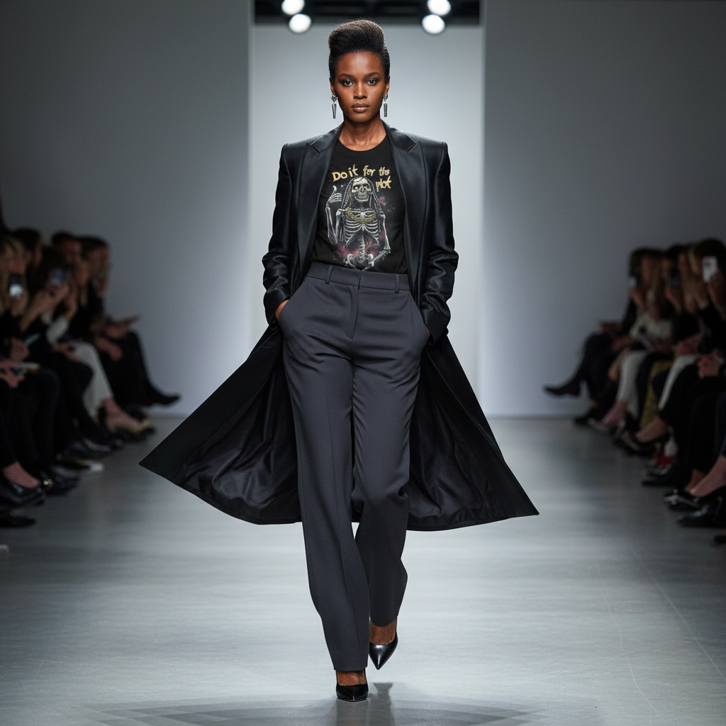 African descent female model in silk blazer runway look
