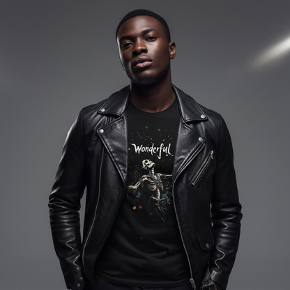 African descent male model in leather jacket and Wonderful t-shirt