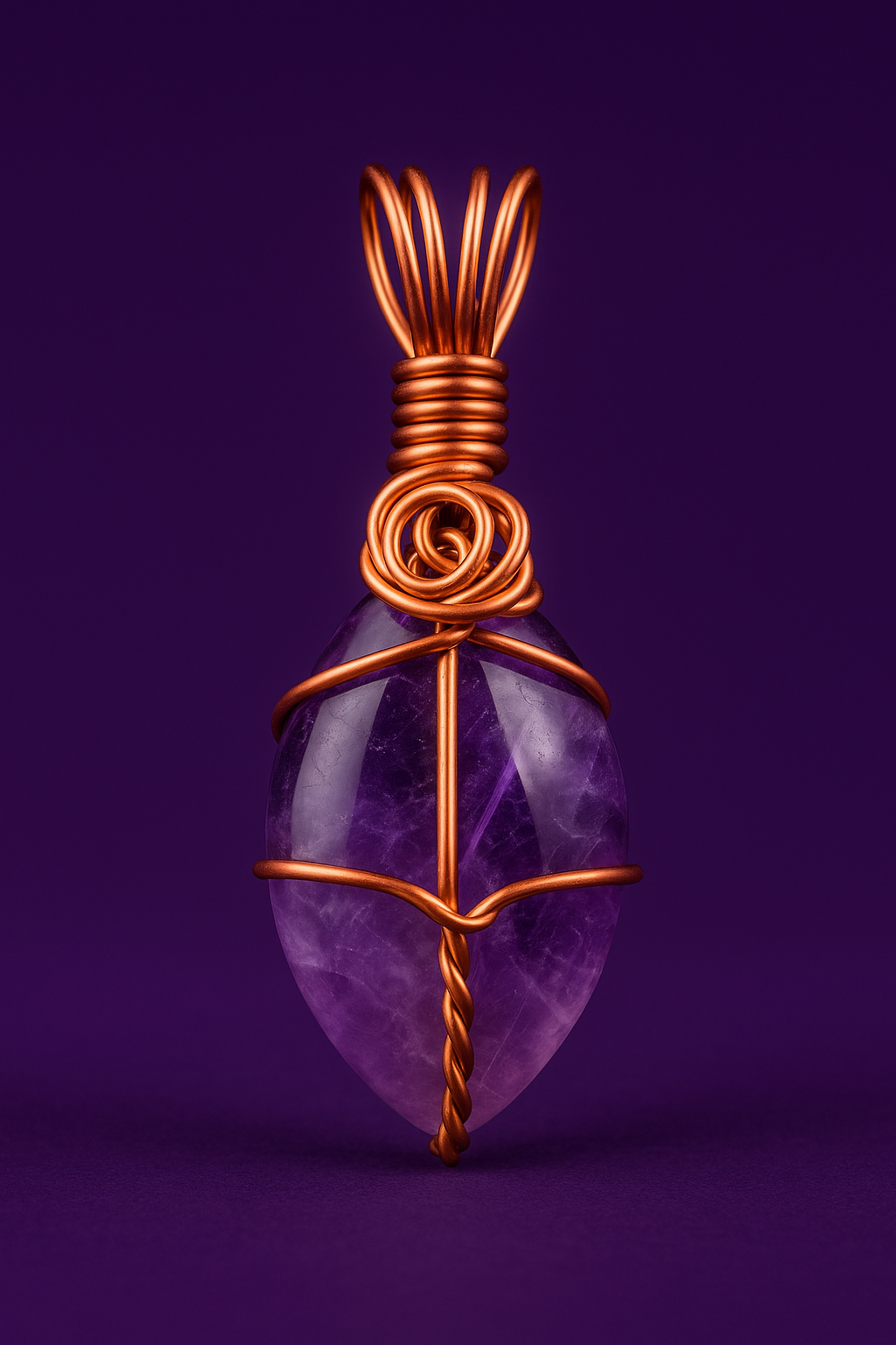 Amethyst copper pendant front view with deep purple lighting