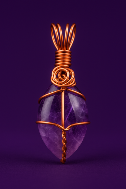 Amethyst copper pendant front view with deep purple lighting