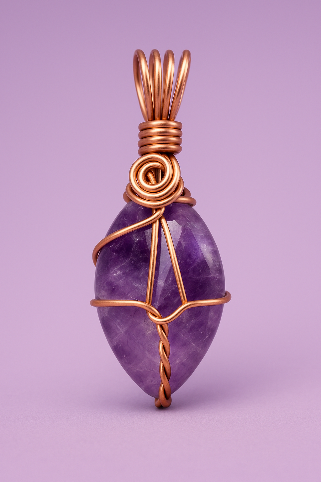 Amethyst copper pendant front view with soft purple lighting