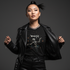 Asian descent female model in leather jacket and Wonderful t-shirt