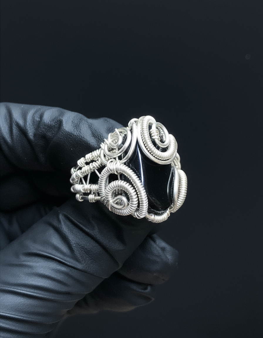 Black Obsidian Ring - Black Glove Side