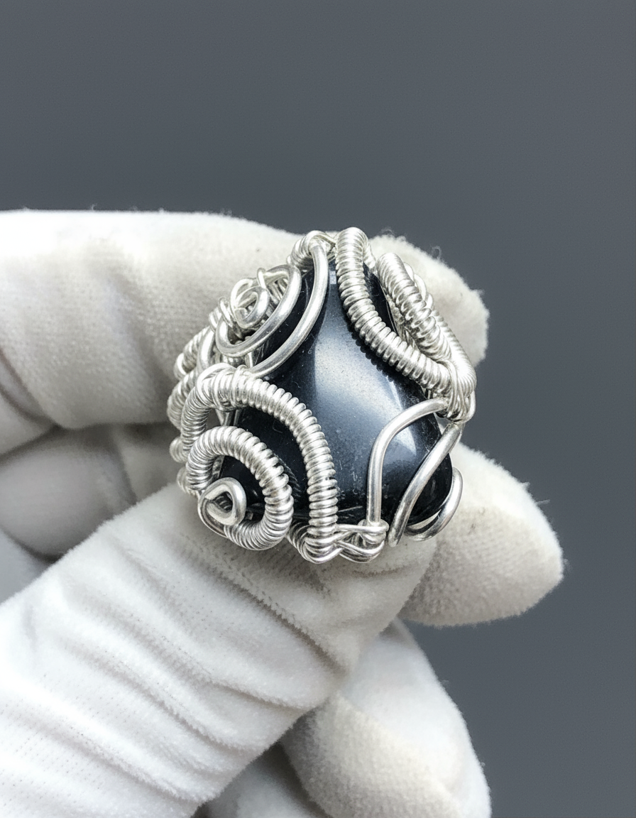 Black Obsidian Ring - White Glove