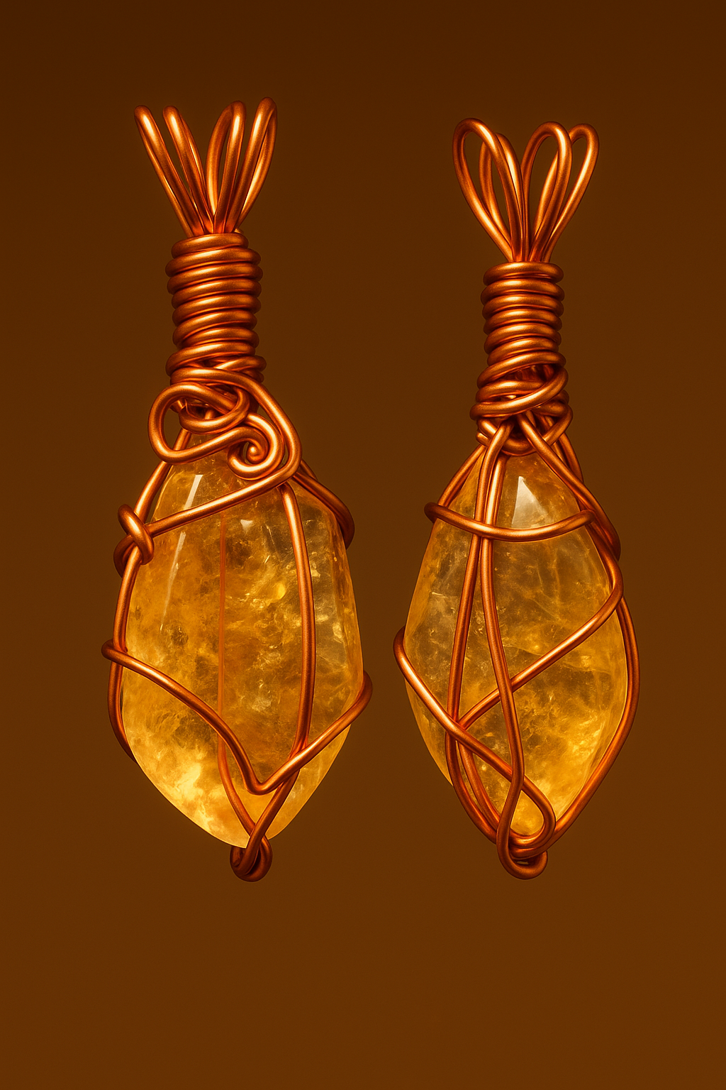 Citrine copper pendant front and back floating seamlessly with citrine lighting