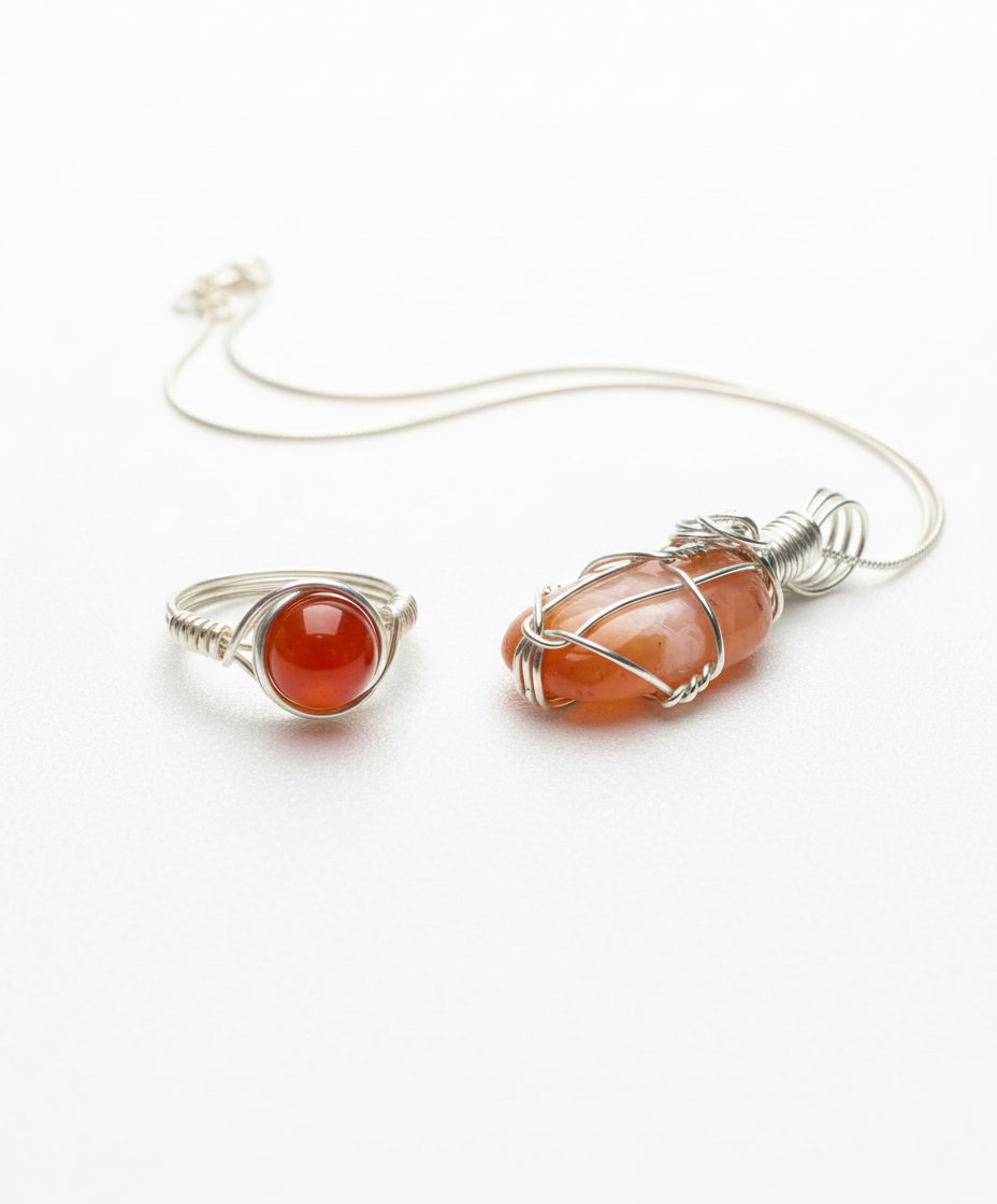 Clean studio shot of coordinated carnelian jewelry set
