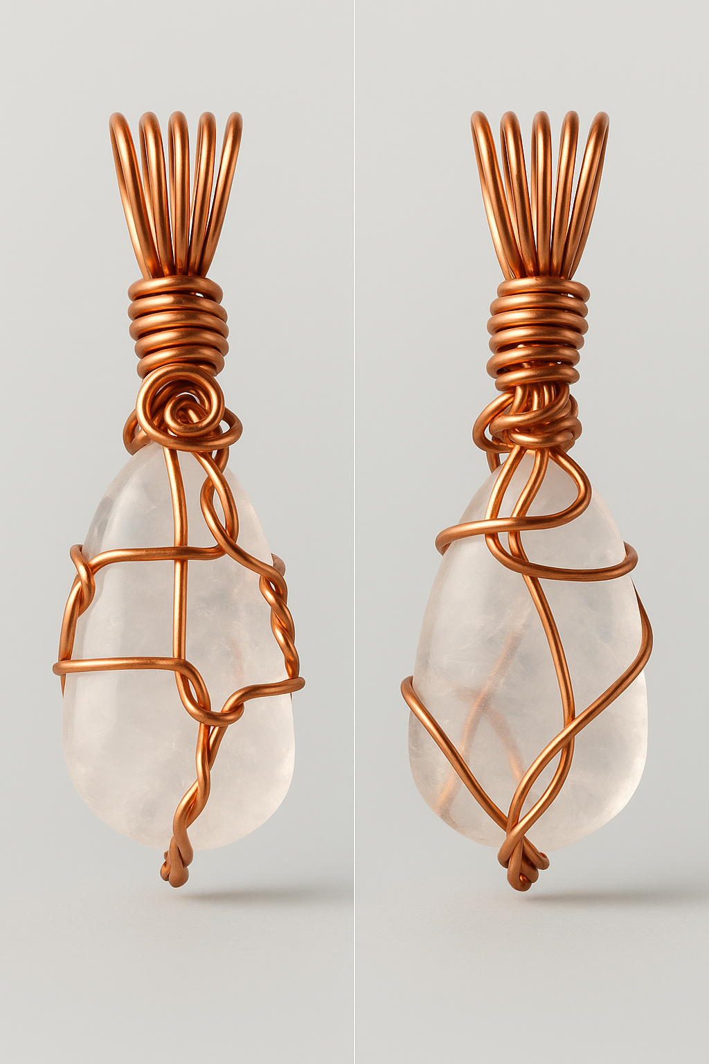 Clear quartz copper pendant front and back views with fresh studio lighting