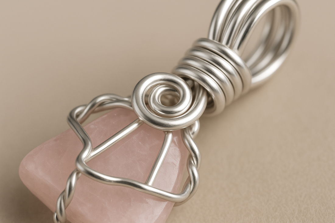 Close-up of the exact pendant showing rose quartz texture and sterling silver details