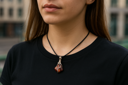 Close-up of woman wearing pendant on black cord