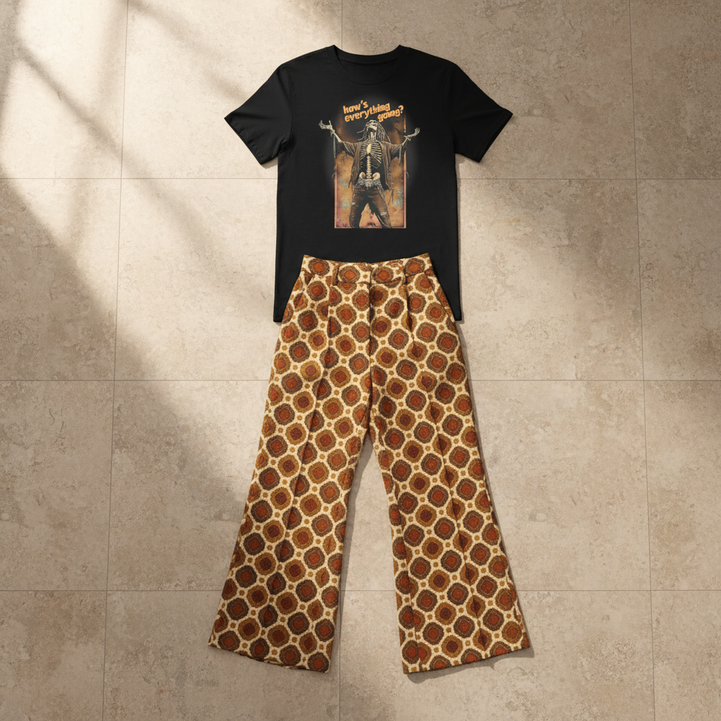 Complete outfit flat lay with geometric trousers