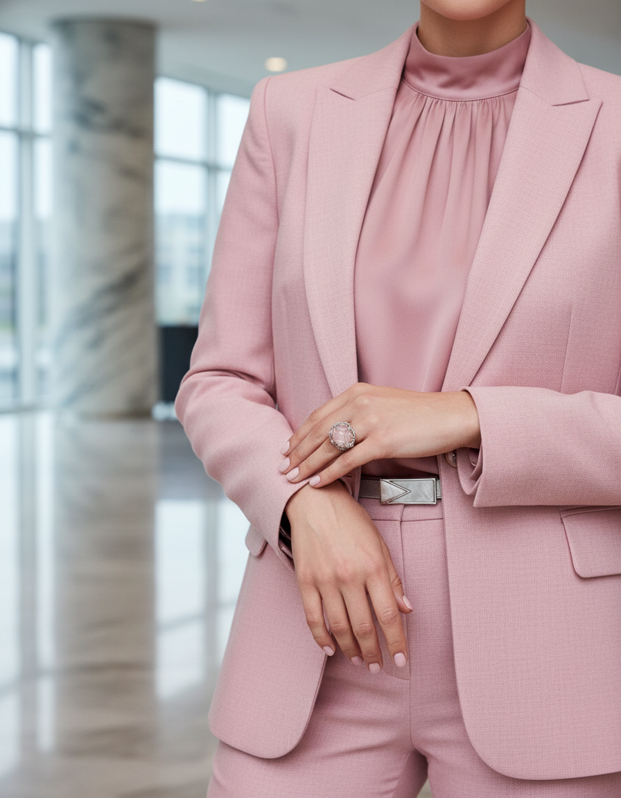 Corporate pink outfit focus with dainty ring 4