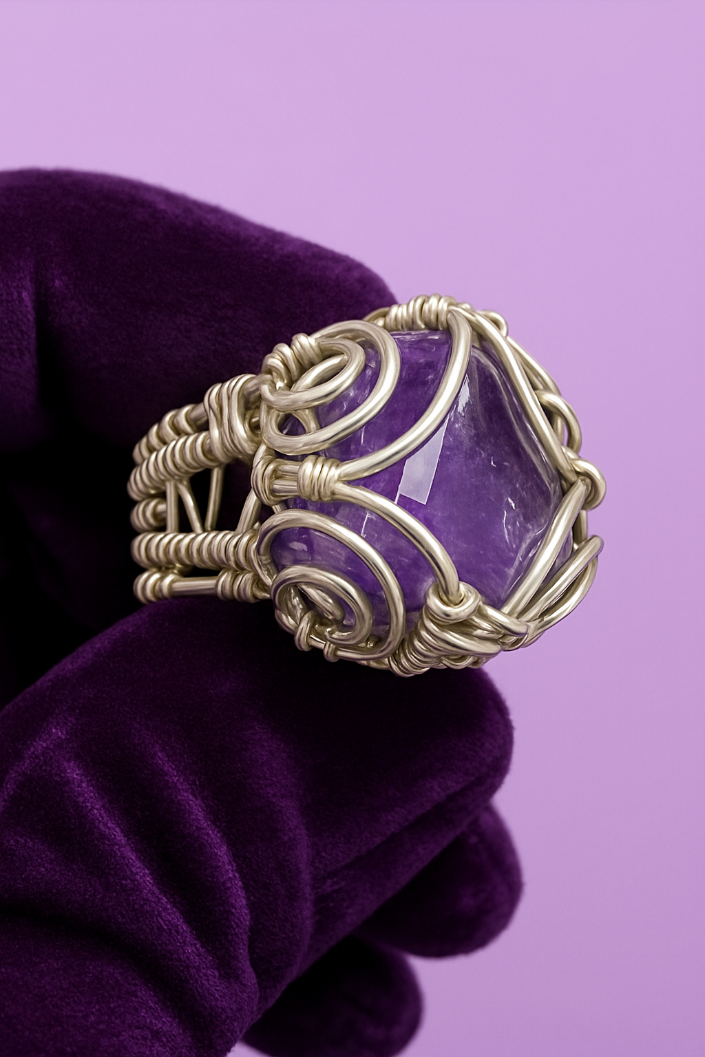 Dark purple velvet glove with light purple background