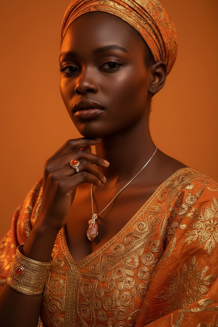 Elegant portrait with appropriately small carnelian bead