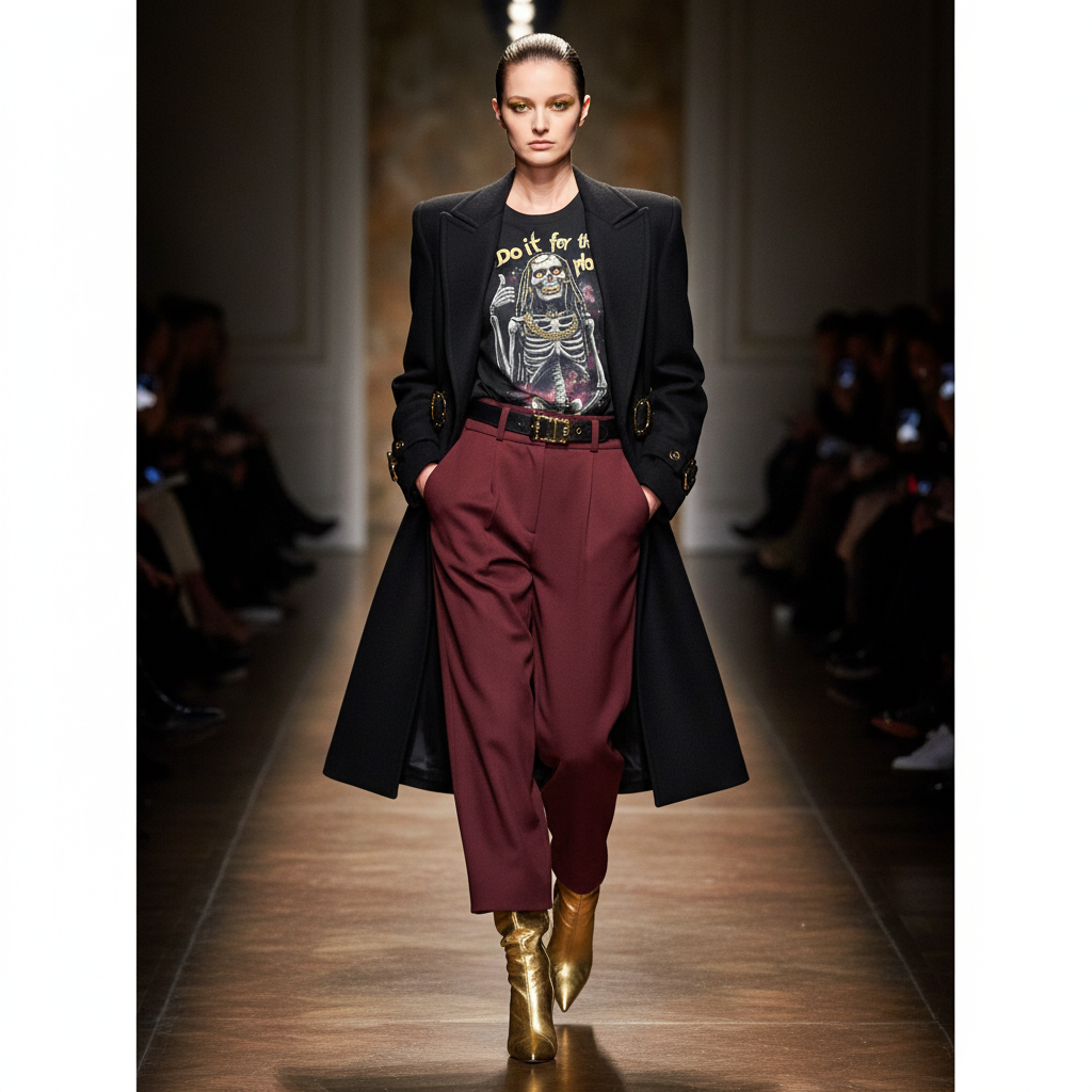 Female model in black coat with gold hardware and burgundy trousers
