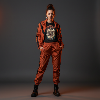 Female model in burnt orange and black tracksuit with warm lighting