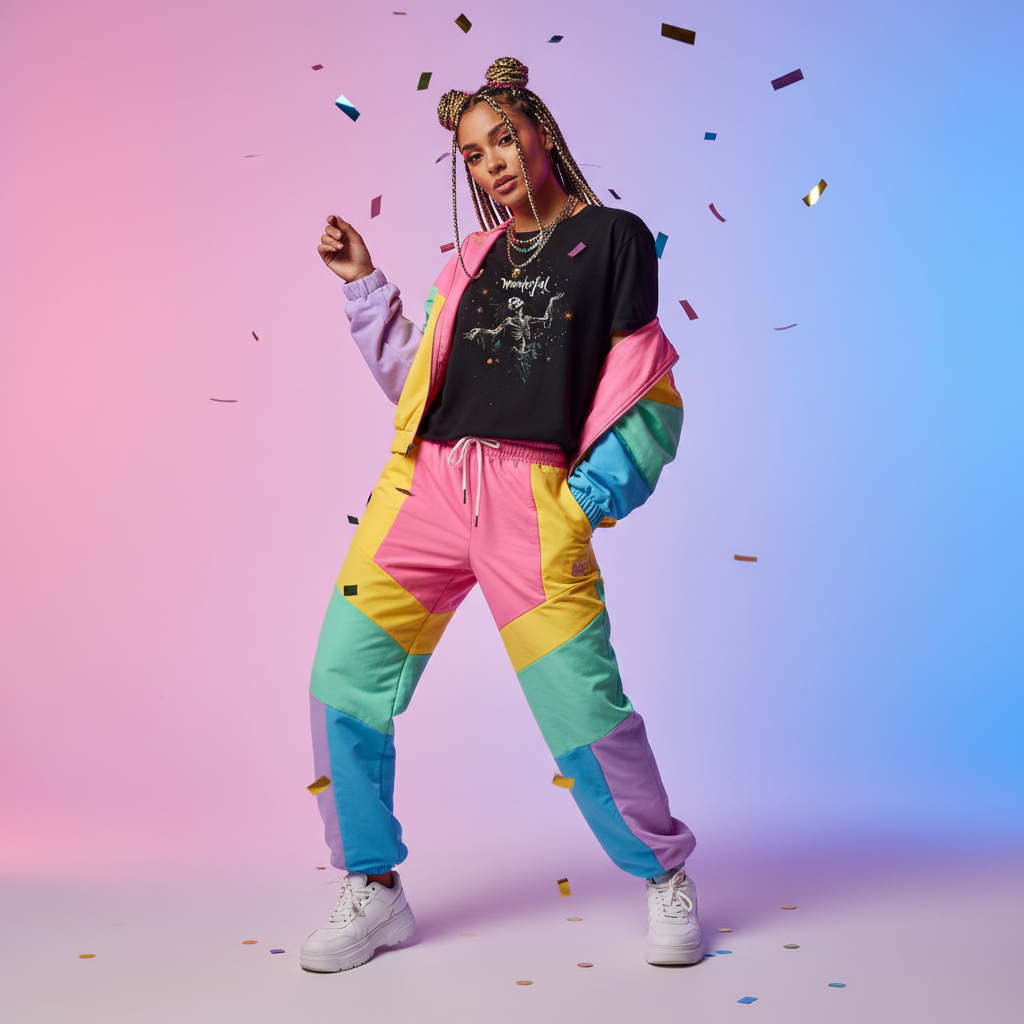 Female model in colorful tracksuit with Wonderful t-shirt