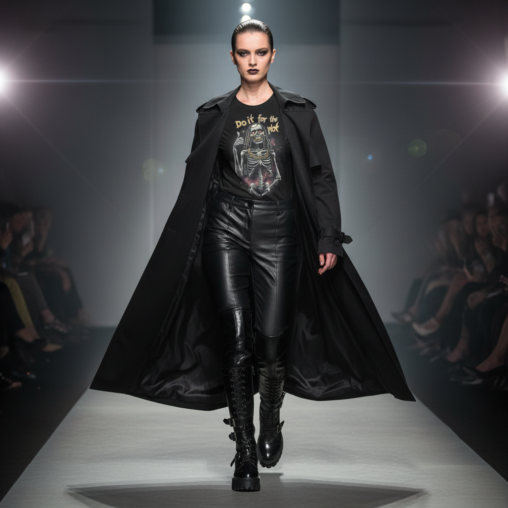 Female model in flowing trench coat with leather pants