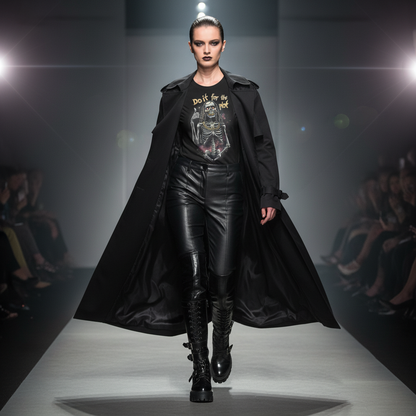 Female model in flowing trench coat with leather pants