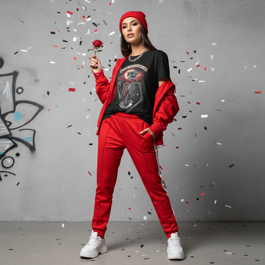 Female model in red tracksuit with beautiful bih t-shirt