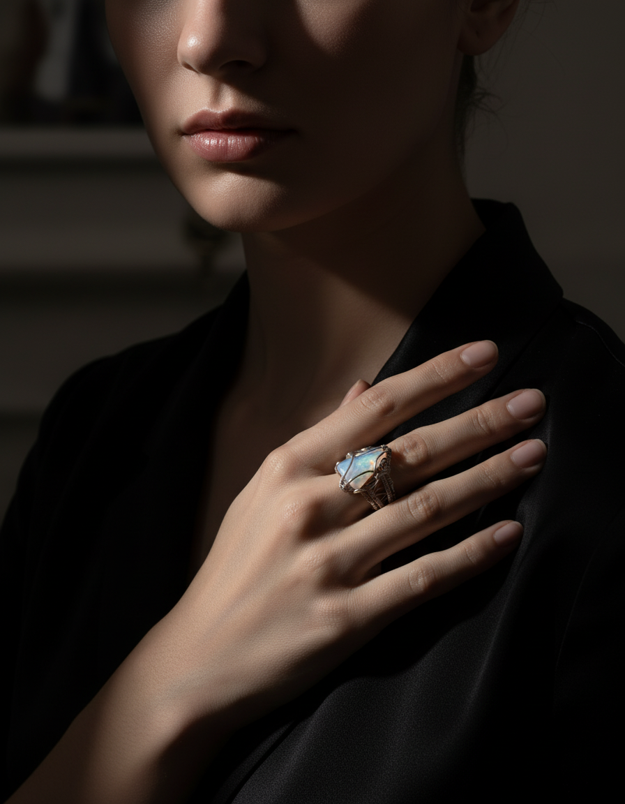 Female wearing ring naturally on finger, cinematic lighting