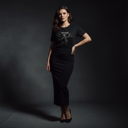Full body studio shot with curvy slim model in Wonderful t-shirt