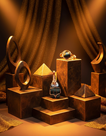 Geometric platform with amber spotlights