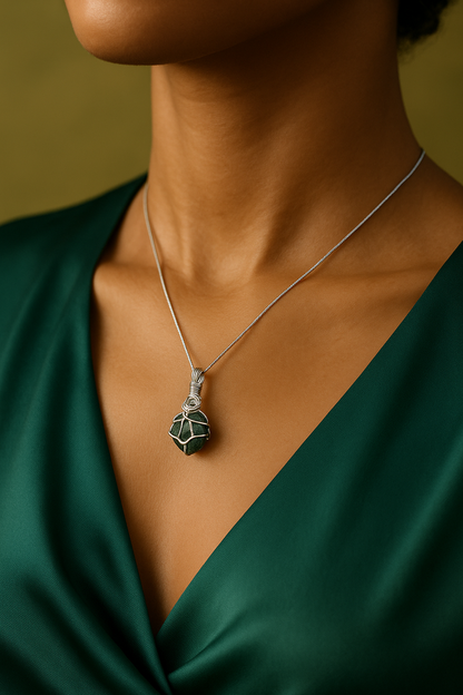 Green Emerald Silver Pendant - Mixed-Race Model