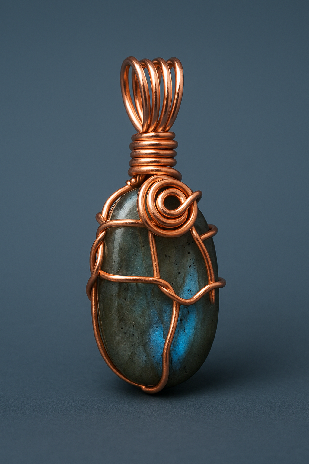 Labradorite copper pendant with cool blue-grey lighting