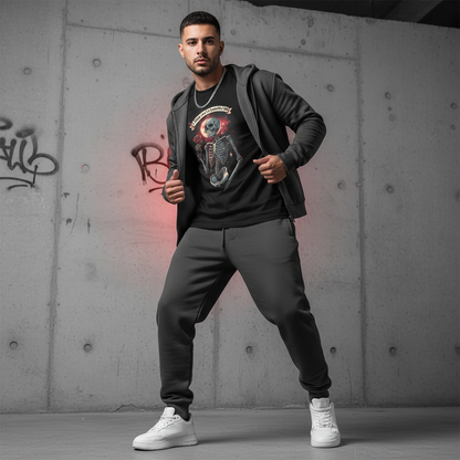 Male model in charcoal grey premium tracksuit