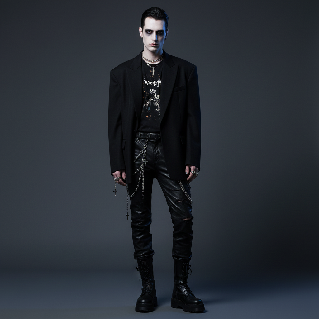 Male model in gothic styling with Wonderful t-shirt