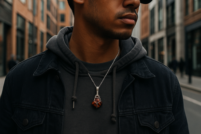 Man wearing the pendant in urban city setting
