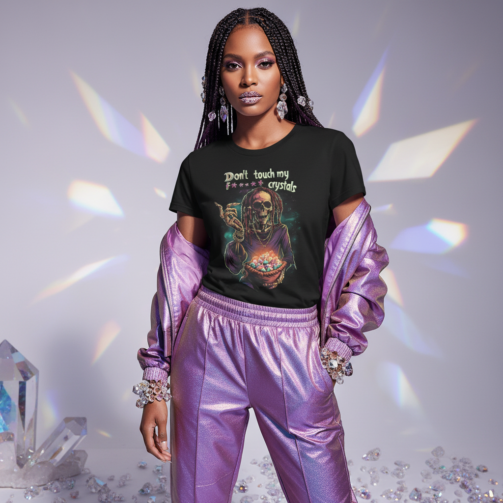 Model in iridescent purple tracksuit with crystal aesthetic