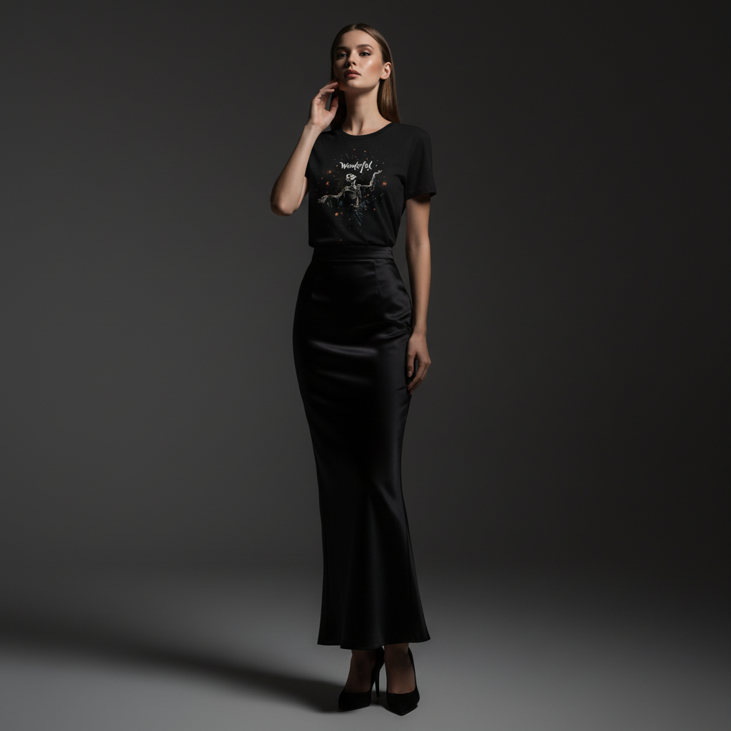 Model with amazing figure in Wonderful t-shirt and fitted silk skirt