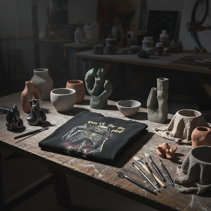 Modern sculptures and ceramic pieces with dramatic spotlight