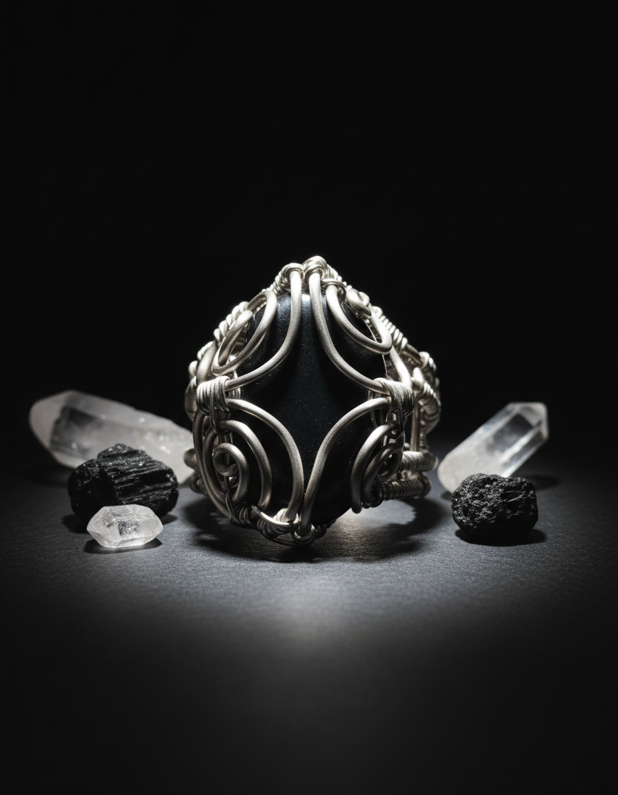 Moody dramatic lighting with clear quartz and black crystals