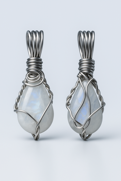 Moonstone pendant front and back views with cool studio lighting
