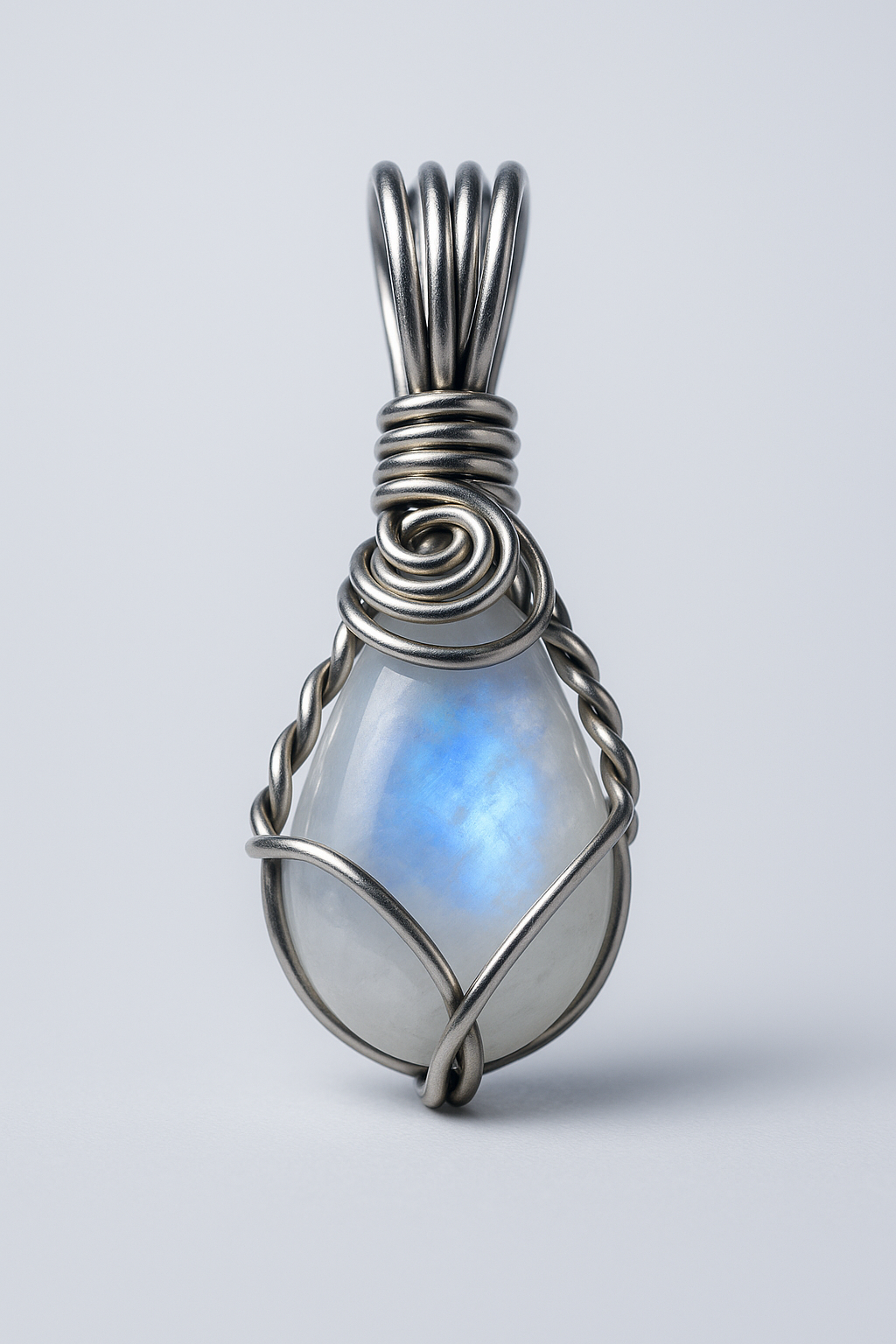 Moonstone pendant front view with cool studio lighting