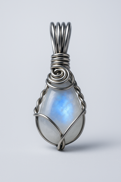 Moonstone pendant front view with cool studio lighting