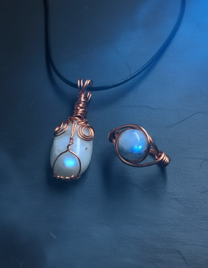Mystical lighting with blue tones highlighting moonstone magic