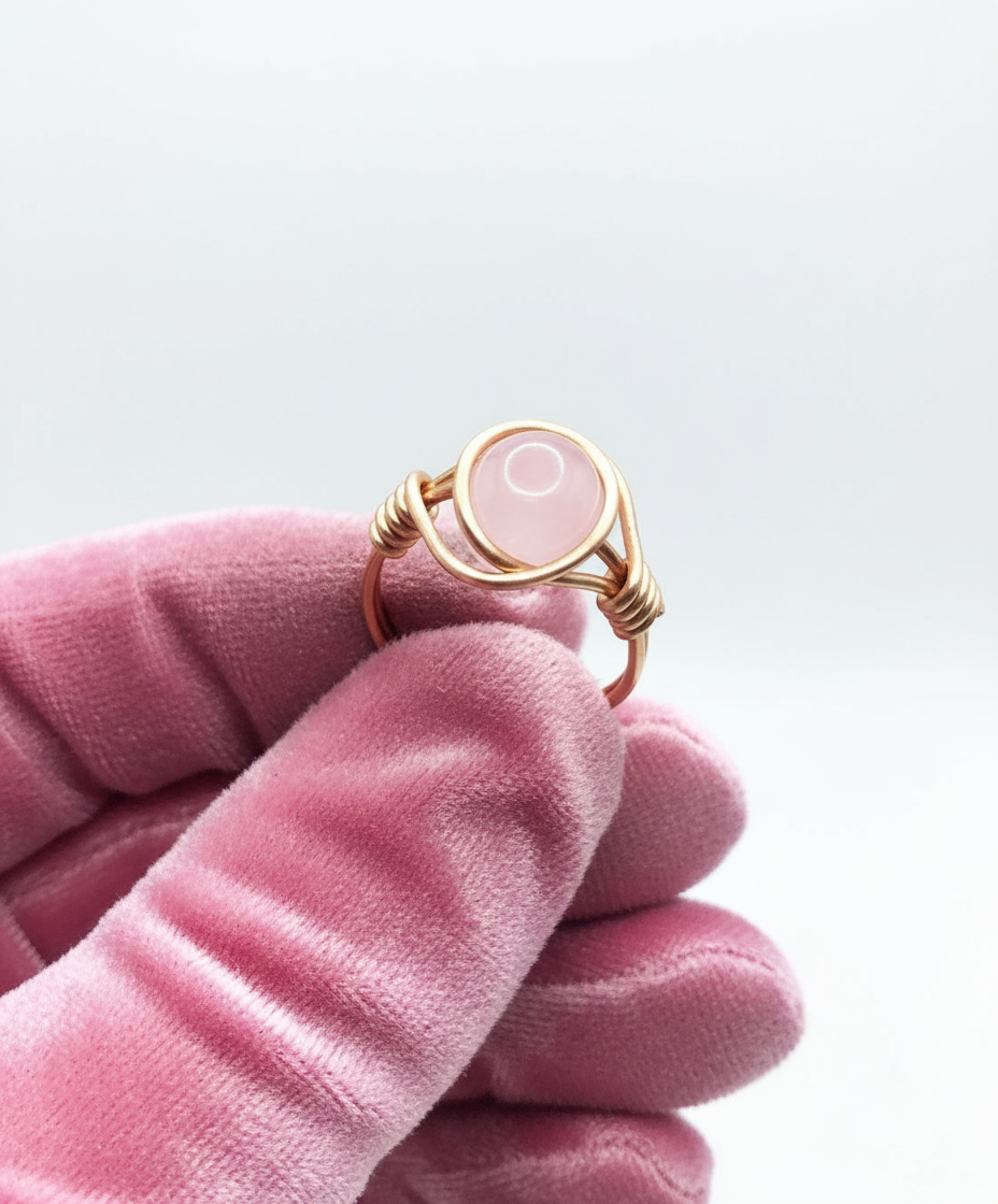 Rose Quartz Copper Ring - Pink Velvet Glove