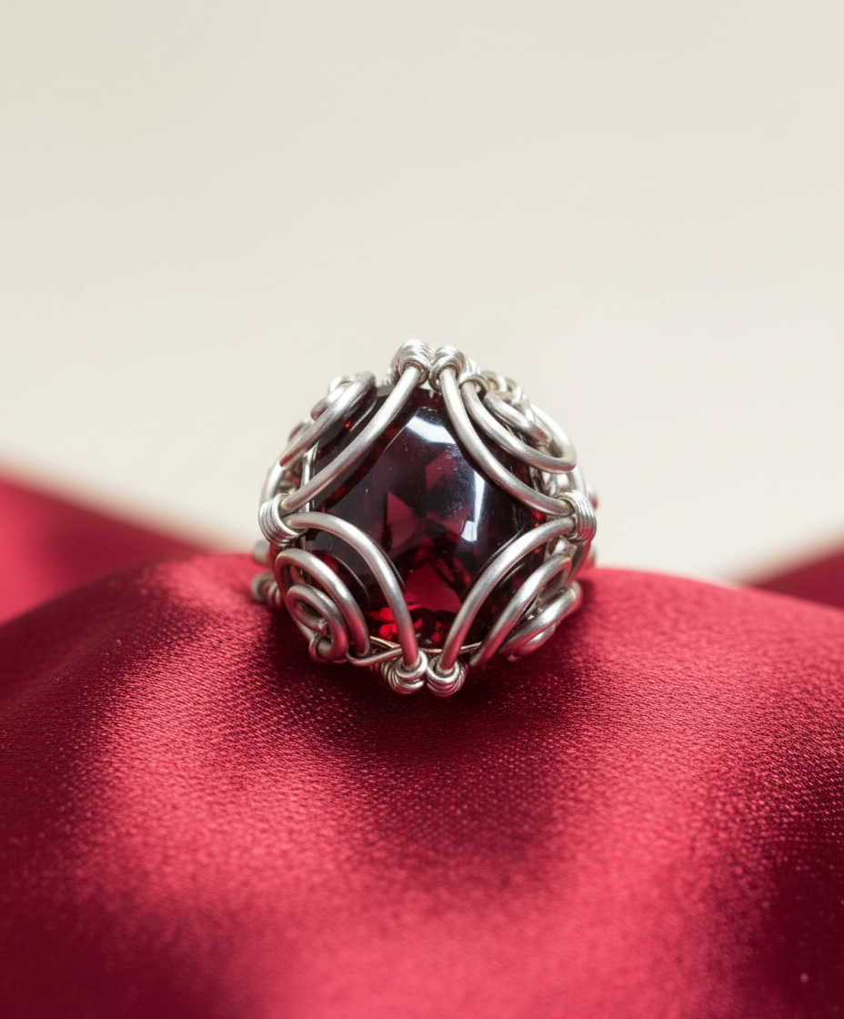 Soft deep red satin surface with cream background