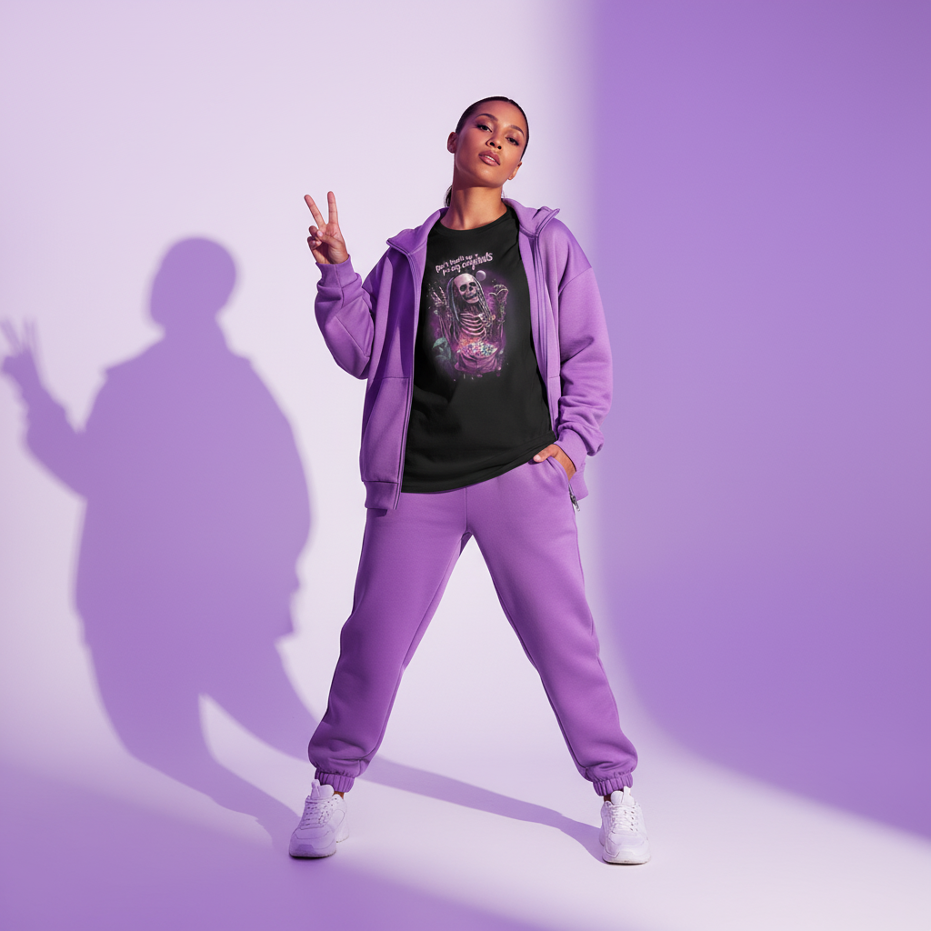 Styled with lavender purple tracksuit