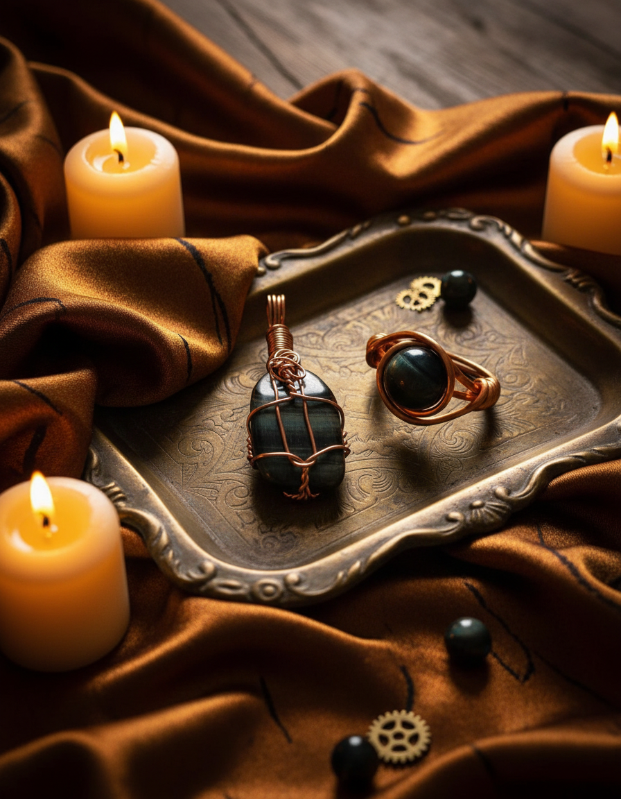 Vintage brass tray with silk fabric and candlelight