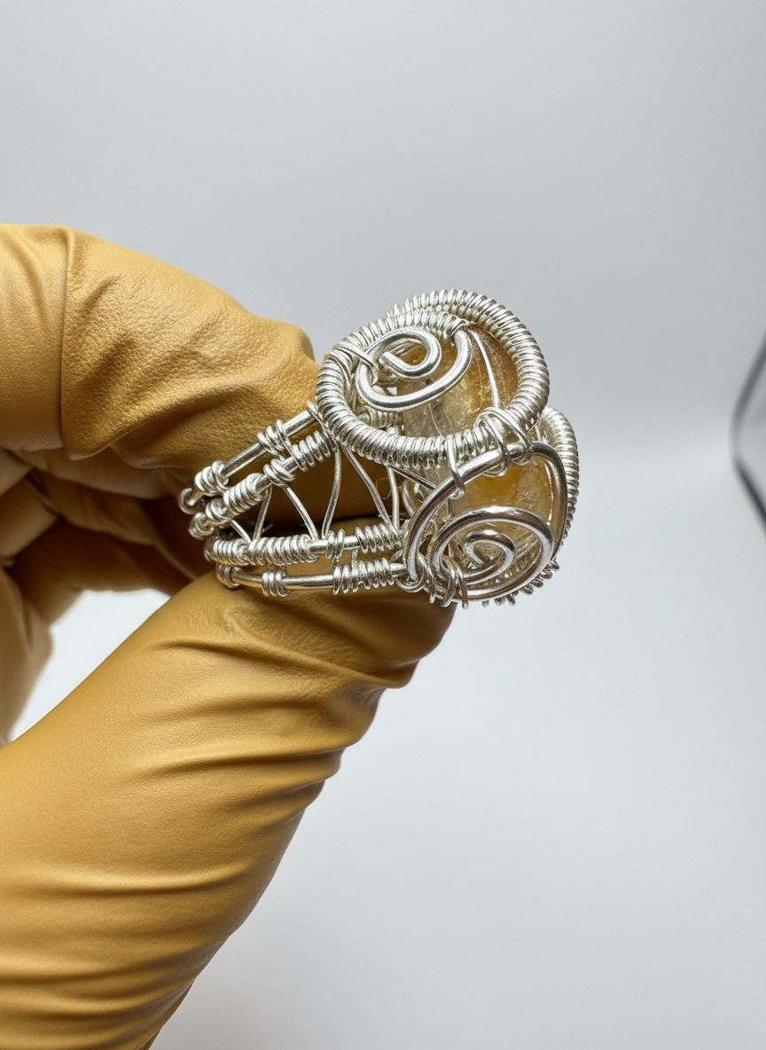 White background with citrine-colored glove