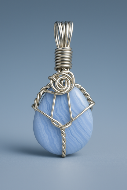 Wire-wrapped pendant with blue studio lighting