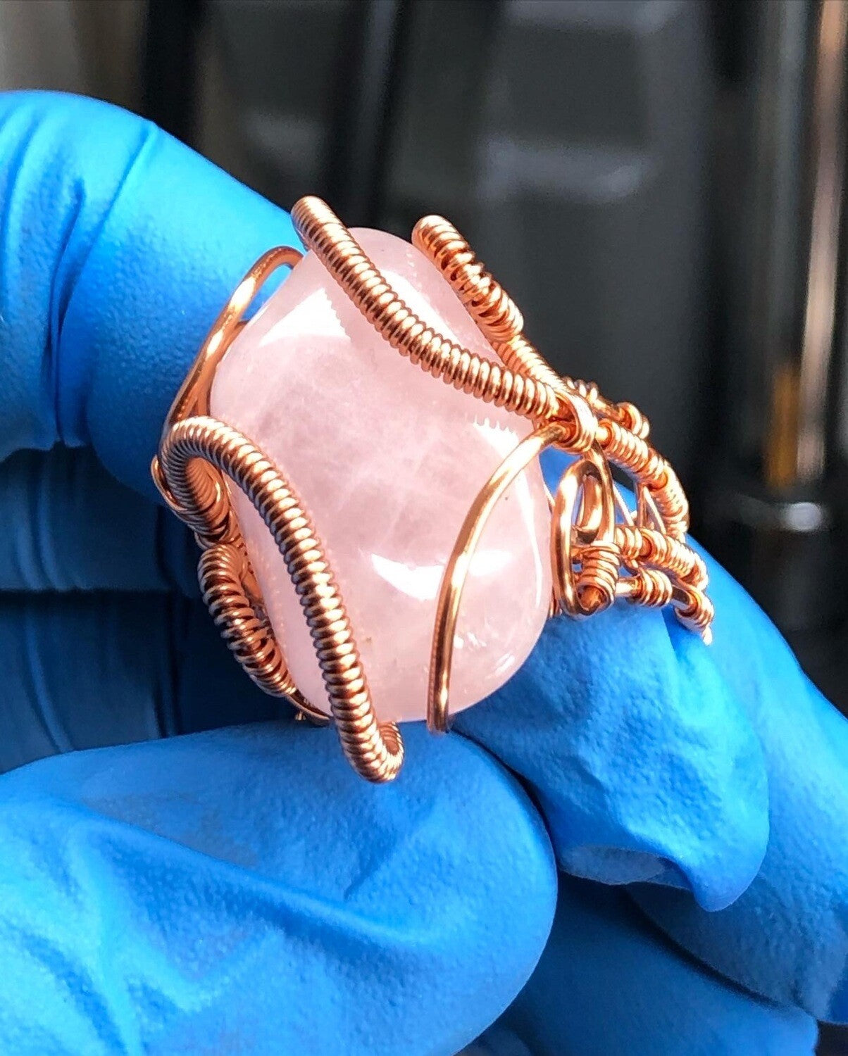 Rose Quartz Copper Ring - Dragon Style