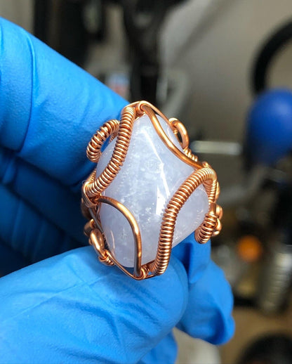 Blue Lace Agate Copper Ring - Dragon Style - Premium