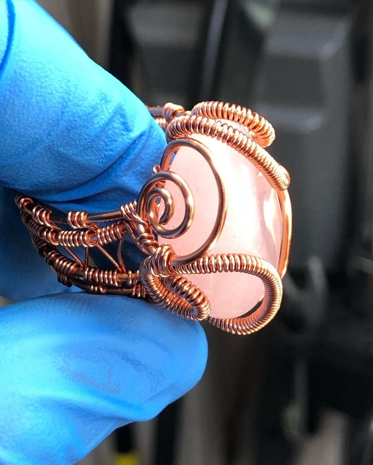 Rose Quartz Copper Ring - Dragon Style